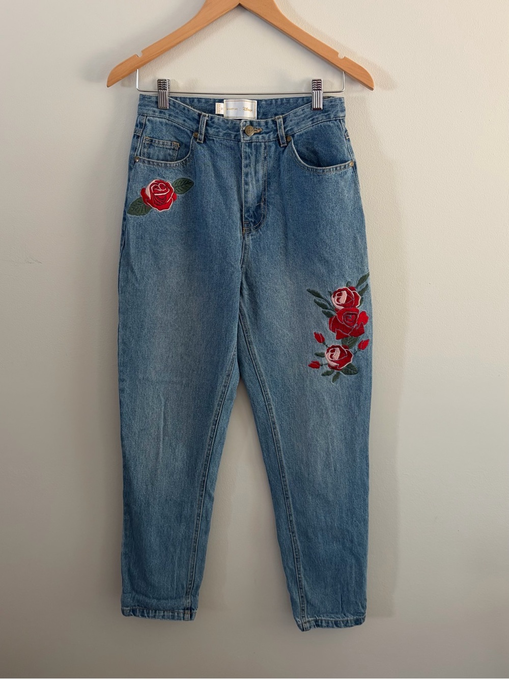 High-Waist Blue Denim Jeans with Red Rose Embroidery